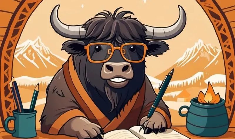 Cartoon image of Yak with glasses, writing